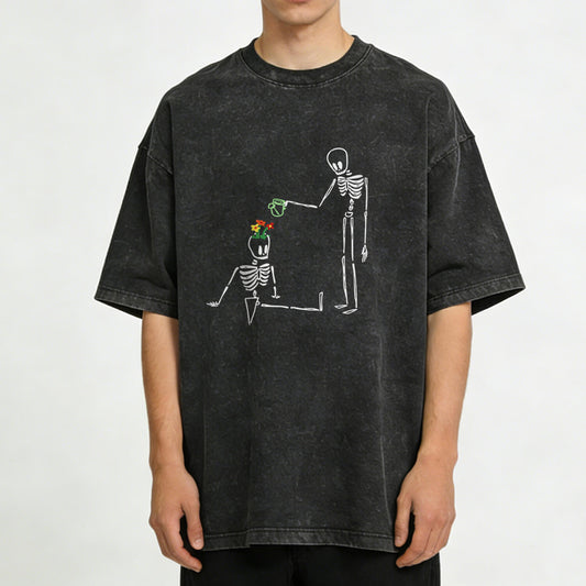 Skeleton Watering Flowers Washed T-Shirt PT172