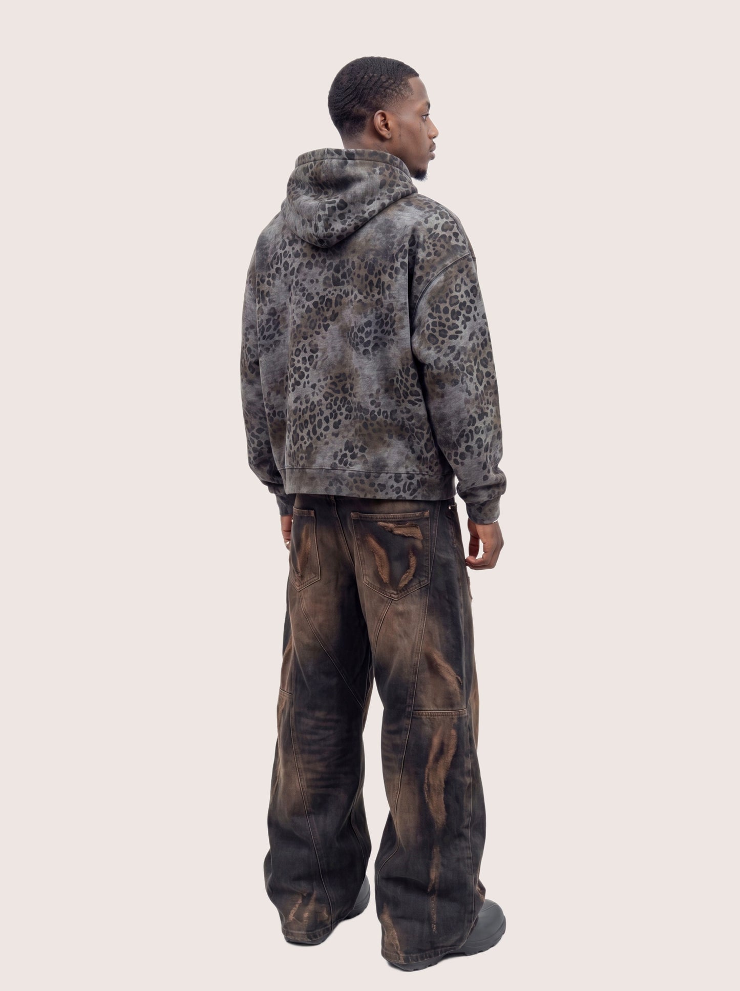 Grunge Brown Leopard Pattern Fleece Zip Hoodie