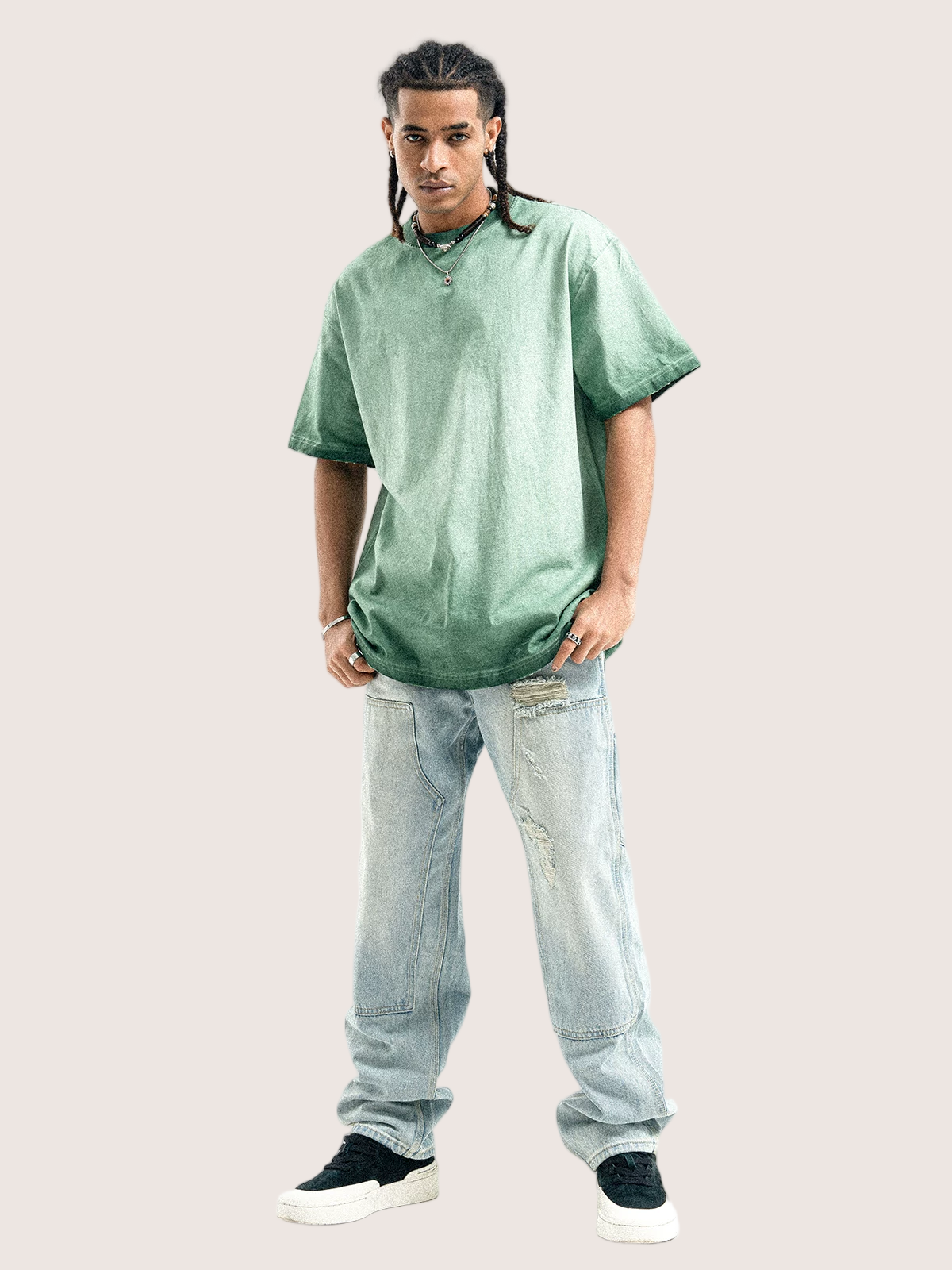 Faded Sage Stone Green Distressed Washed T-shirt Street Wear