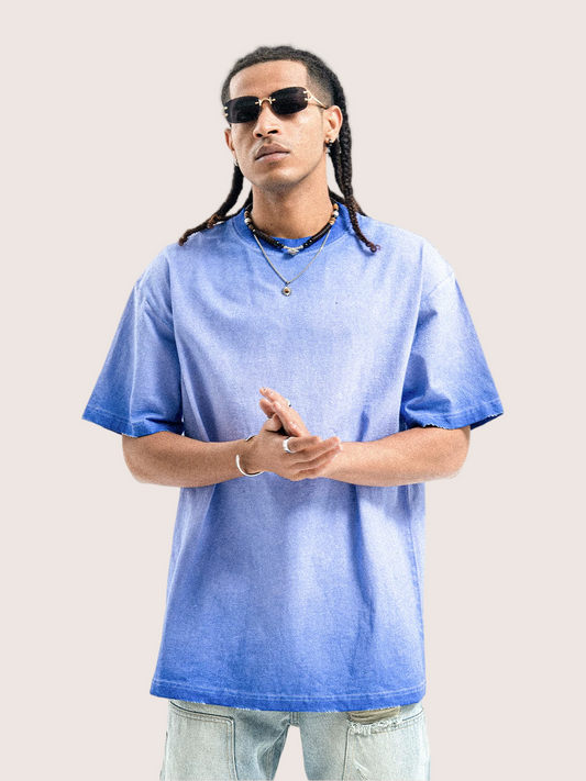 Faded Denim Blue Distressed Washed T-shirt Street Wear