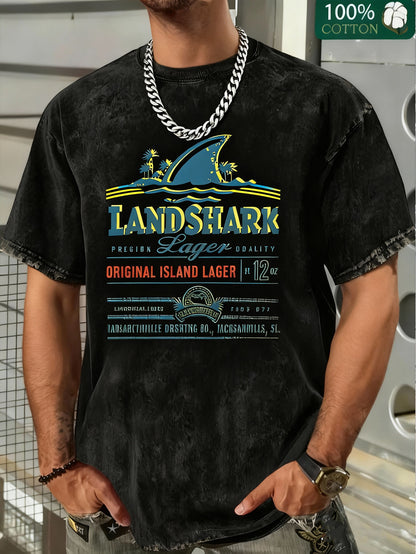 Men's Retro LandShark Graphic T-Shirt - Light Grey Washed Cotton, Retro American Streetwear Style, Short Sleeve, Crew Neck, Printed Logo Details
