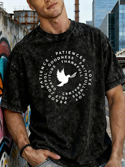 Men's retro-style pure cotton T-shirt with a dove of peace design - 100% pure cotton, short sleeves, crew neck, machine washable, suitable for casual summer wear.