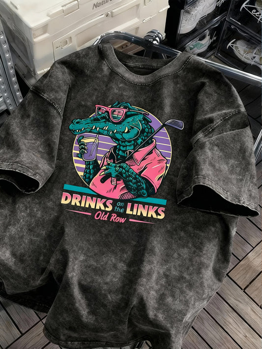 Men's retro washed cotton T-shirt with crocodile and golf cartoon print - "DRINKS & LINKS" pattern, casual summer streetwear, short-sleeved, crew neck, retro T-shirt.
