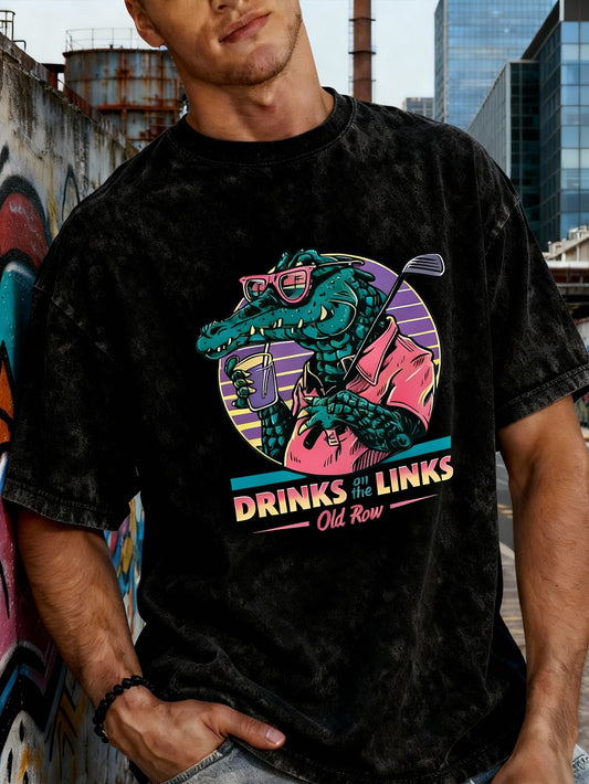 Men's retro washed cotton T-shirt with crocodile and golf cartoon print - "DRINKS & LINKS" pattern, casual summer streetwear, short-sleeved, crew neck, retro T-shirt.