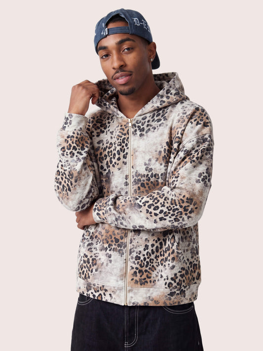 Grunge Brown Leopard Pattern Fleece Zip Hoodie