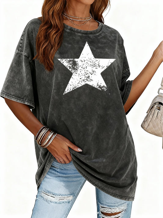 Women's Retro Washed Heavyweight Loose T-Shirt - Soft and Breathable Crew Neck Short Sleeve Casual Top, White Star Print, Black Distressed Texture,