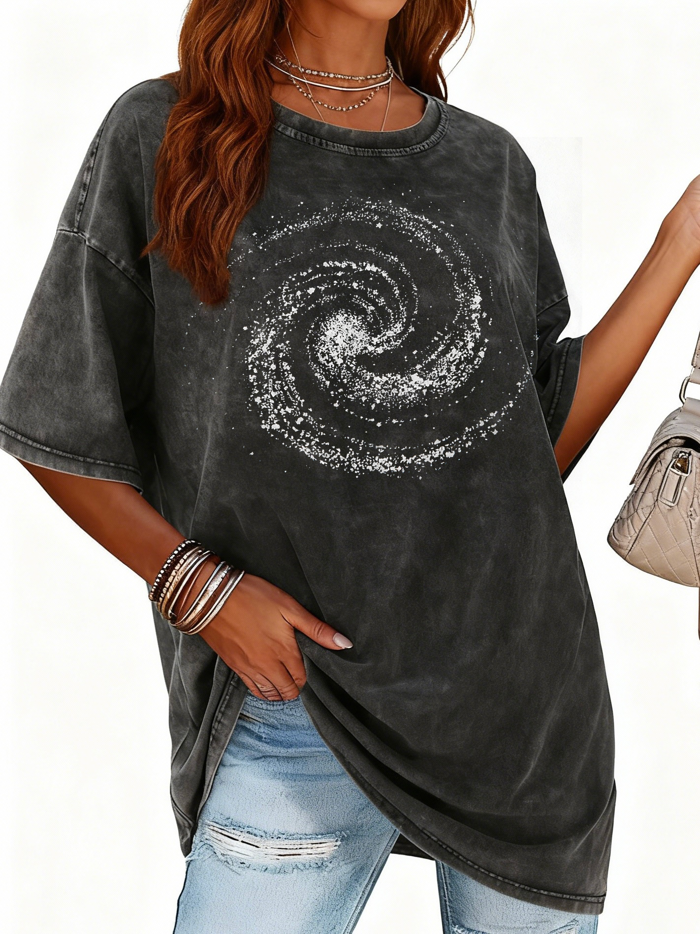 Women's Retro Washed Heavyweight Loose T-Shirt - Soft and Breathable Crew Neck Short Sleeve Casual Top, Galaxy Star Print, Black Distressed Texture, Spring/Summer Loose Fit, Everyday Wear and Layering, Comfortable Fit, Pure Cotton Fabric