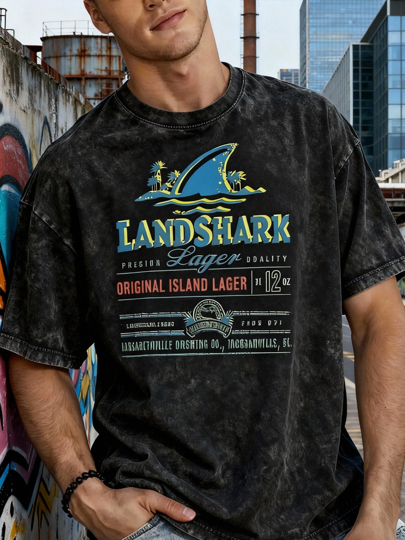 Men's Retro LandShark Graphic T-Shirt - Light Grey Washed Cotton, Retro American Streetwear Style, Short Sleeve, Crew Neck, Printed Logo Details