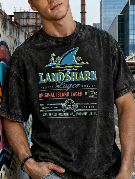 Men's Retro LandShark Graphic T-Shirt - Light Grey Washed Cotton, Retro American Streetwear Style, Short Sleeve, Crew Neck, Printed Logo Details