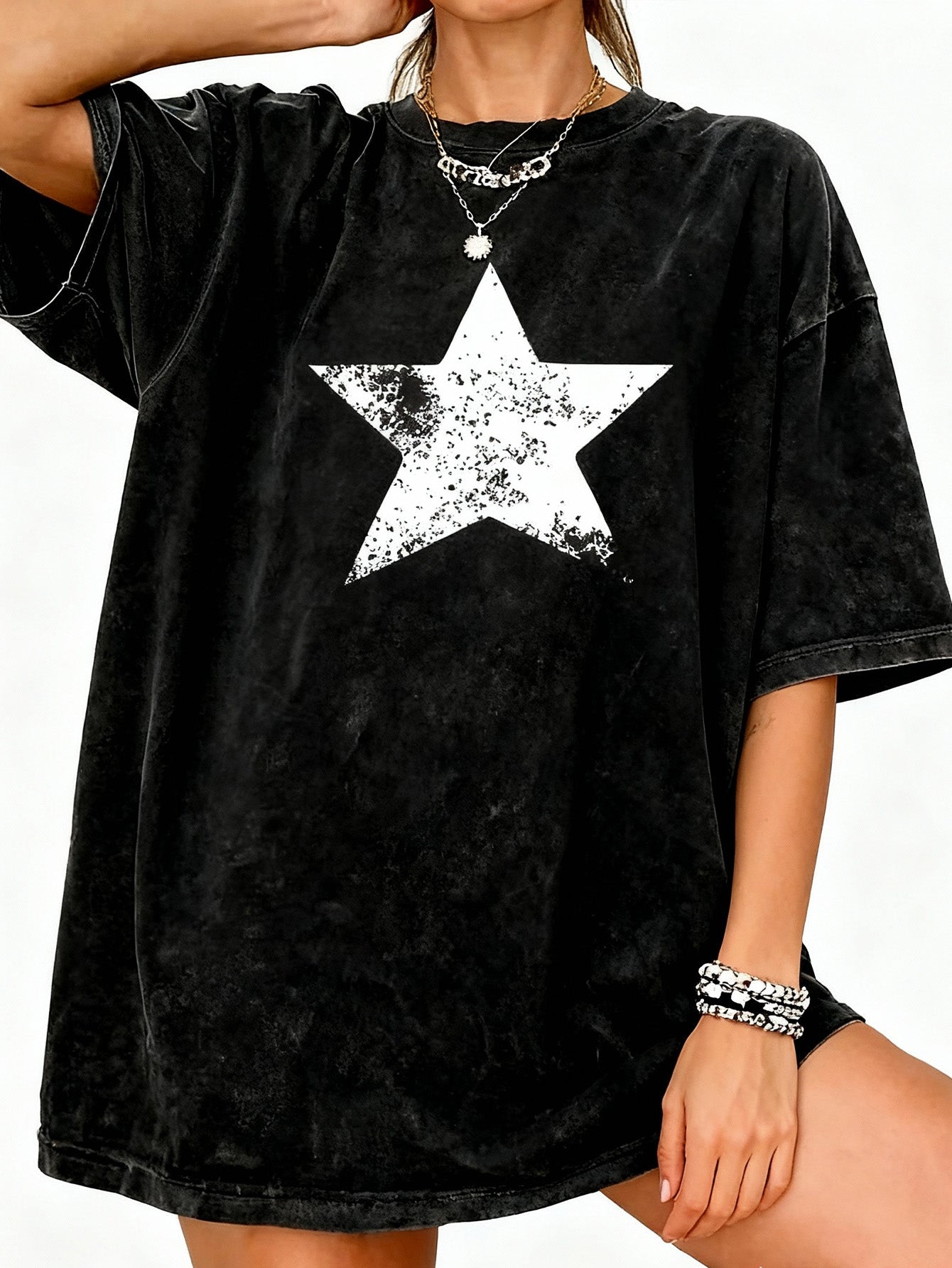 Women's Retro Washed Heavyweight Loose T-Shirt - Soft and Breathable Crew Neck Short Sleeve Casual Top, White Star Print, Black Distressed Texture,