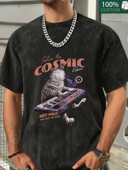 100%Cotton, Men's Retro"Cats playing music" Print T-Shirt, Washed T-shirt