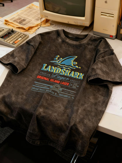 Men's Retro LandShark Graphic T-Shirt - Light Grey Washed Cotton, Retro American Streetwear Style, Short Sleeve, Crew Neck, Printed Logo Details