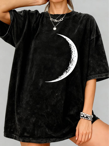 Retro style T-shirt, women's summer loose plus size moon print short-sleeved top, American simple style top, suitable for everyday casual wear, versatile, showing a natural and elegant style, a must-have for summer parties.