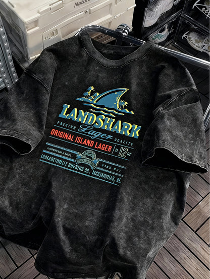 Men's Retro LandShark Graphic T-Shirt - Light Grey Washed Cotton, Retro American Streetwear Style, Short Sleeve, Crew Neck, Printed Logo Details