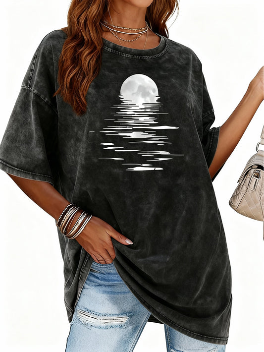 Fashionable printed creative pattern, women's retro washed cotton T-shirt - thick cotton, round neck short sleeve, unique style, machine washable but not dry cleanable, casual wear for spring and summer, women's T-shirt