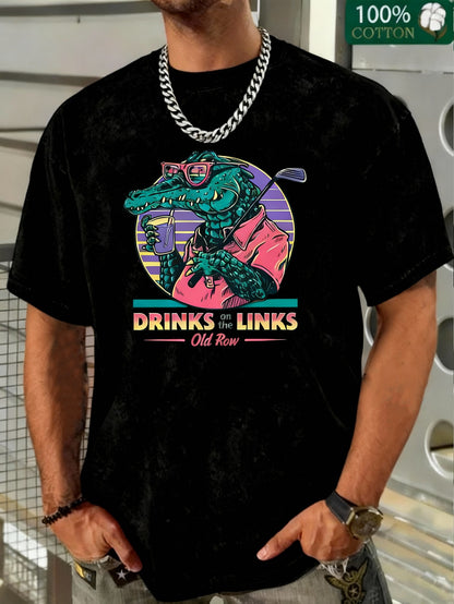 Men's retro washed cotton T-shirt with crocodile and golf cartoon print - "DRINKS & LINKS" pattern, casual summer streetwear, short-sleeved, crew neck, retro T-shirt.