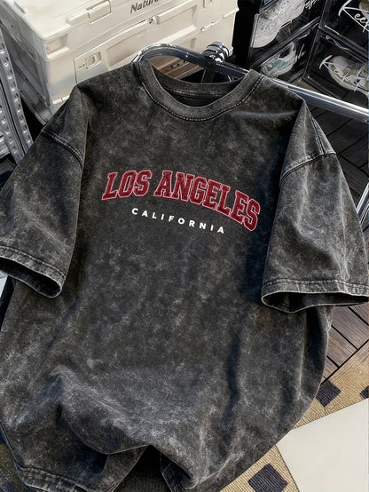 Men's retro style T-shirts, Los Angeles print, men's letter print T-shirts, snowflake washed cotton T-shirts, acid-washed batik T-shirts