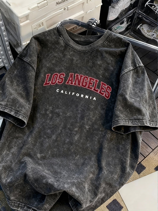 Men's retro style T-shirts, Los Angeles print, men's letter print T-shirts, snowflake washed cotton T-shirts, acid-washed batik T-shirts