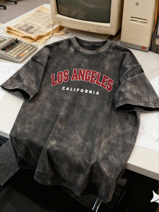 Men's retro style T-shirts, Los Angeles print, men's letter print T-shirts, snowflake washed cotton T-shirts, acid-washed batik T-shirts