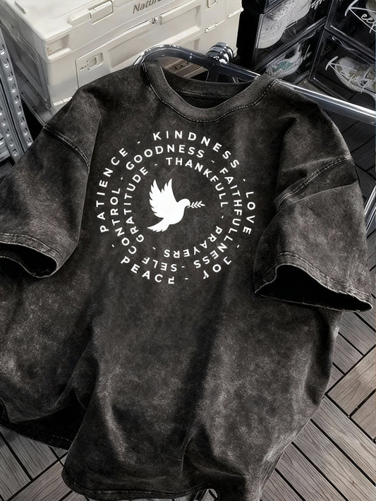 Men's retro-style pure cotton T-shirt with a dove of peace design - 100% pure cotton, short sleeves, crew neck, machine washable, suitable for casual summer wear.