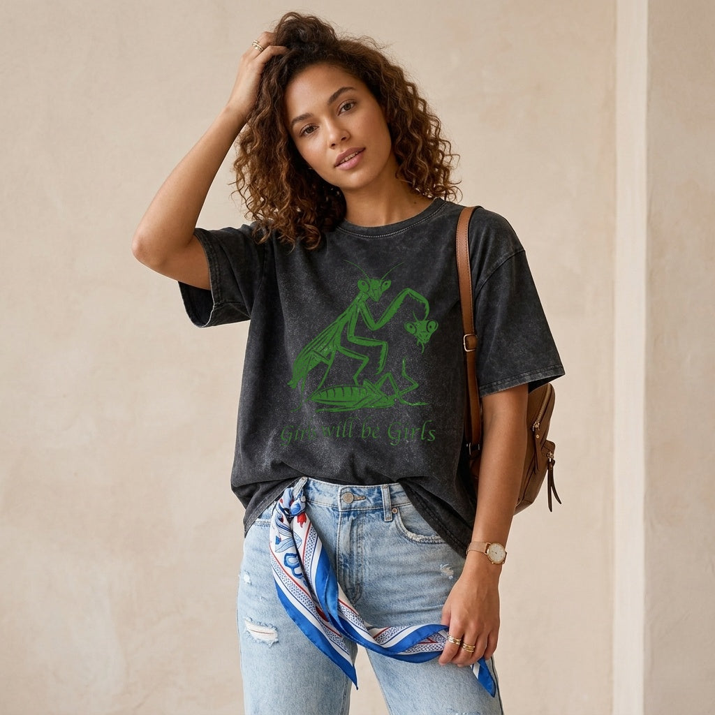 Boldoodle Funny Praying Mantis Feminist Tee Wash Shirt PT469