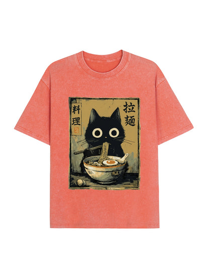 Cute Black Cat Eating Ramen Japan Washed T-Shirt PT443
