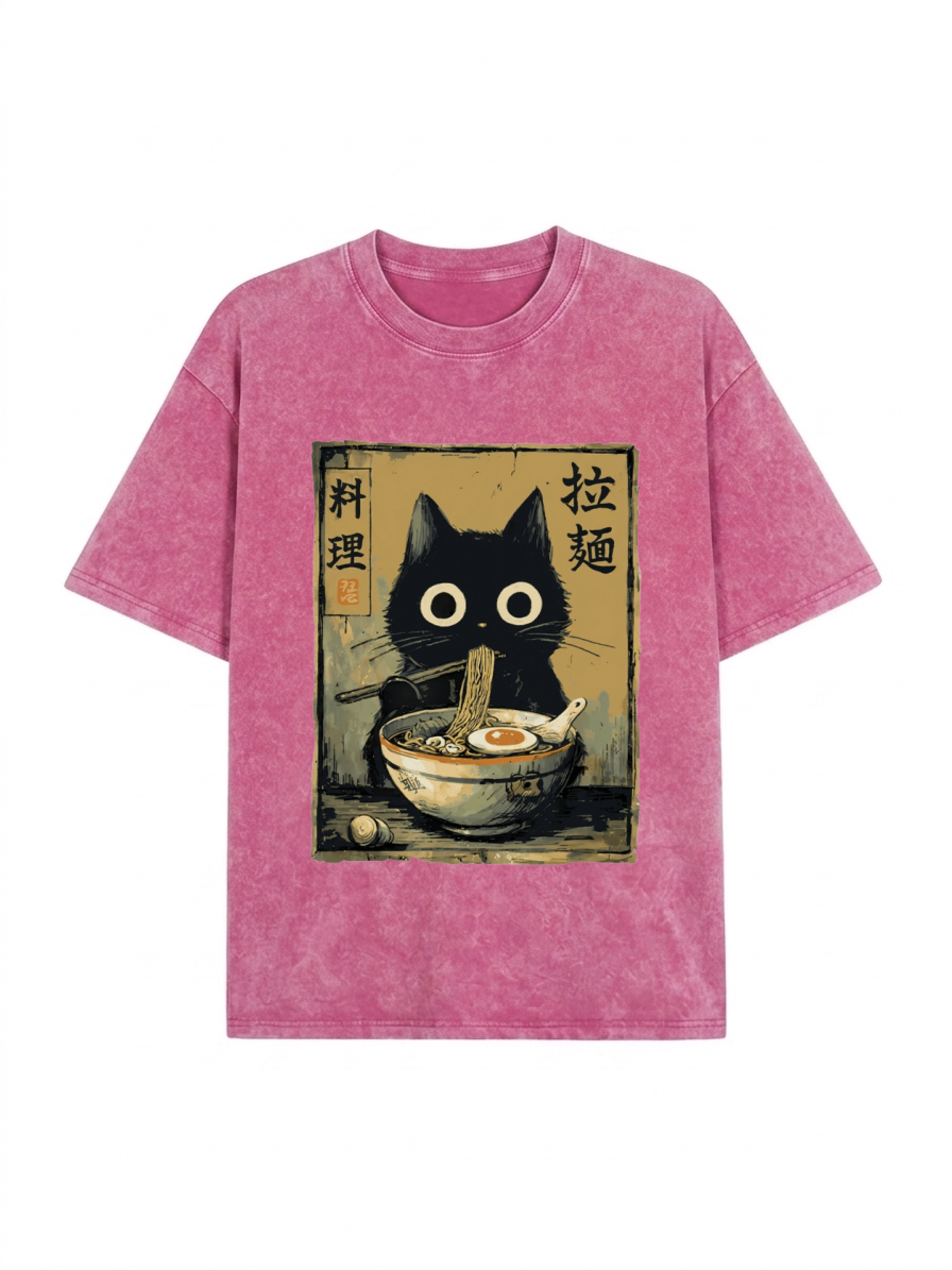 Cute Black Cat Eating Ramen Japan Washed T-Shirt PT443