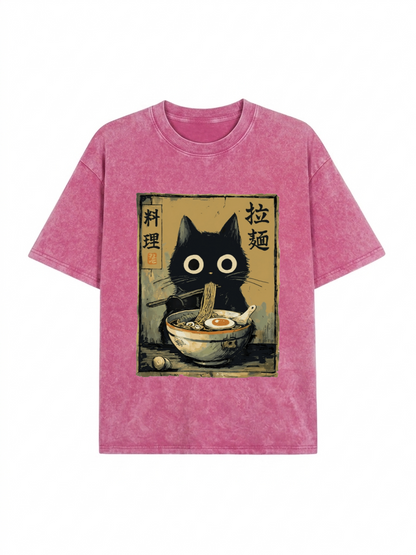 Cute Black Cat Eating Ramen Japan Washed T-Shirt PT443