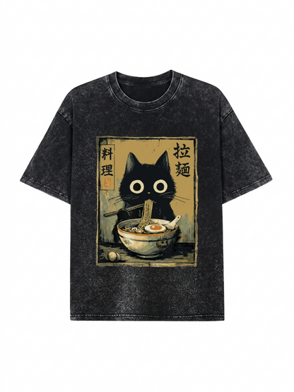Cute Black Cat Eating Ramen Japan Washed T-Shirt PT443