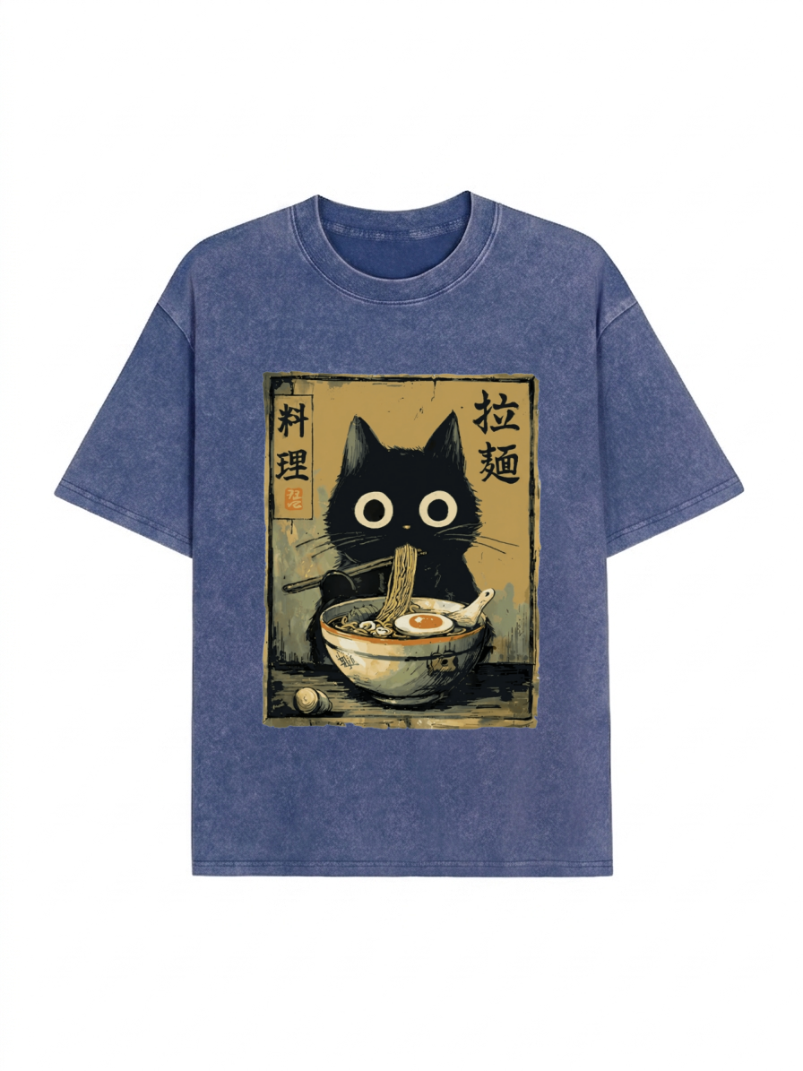 Cute Black Cat Eating Ramen Japan Washed T-Shirt PT443