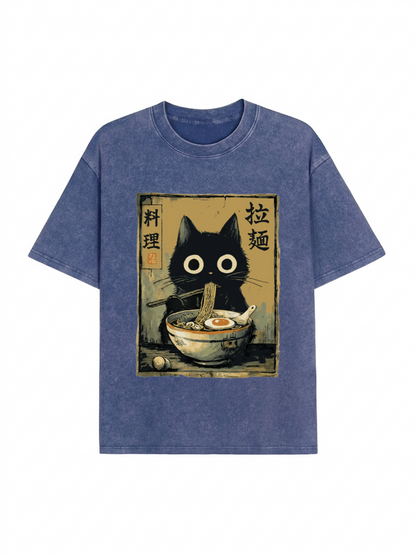 Cute Black Cat Eating Ramen Japan Washed T-Shirt PT443