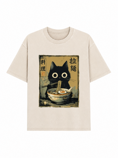 Cute Black Cat Eating Ramen Japan Washed T-Shirt PT443