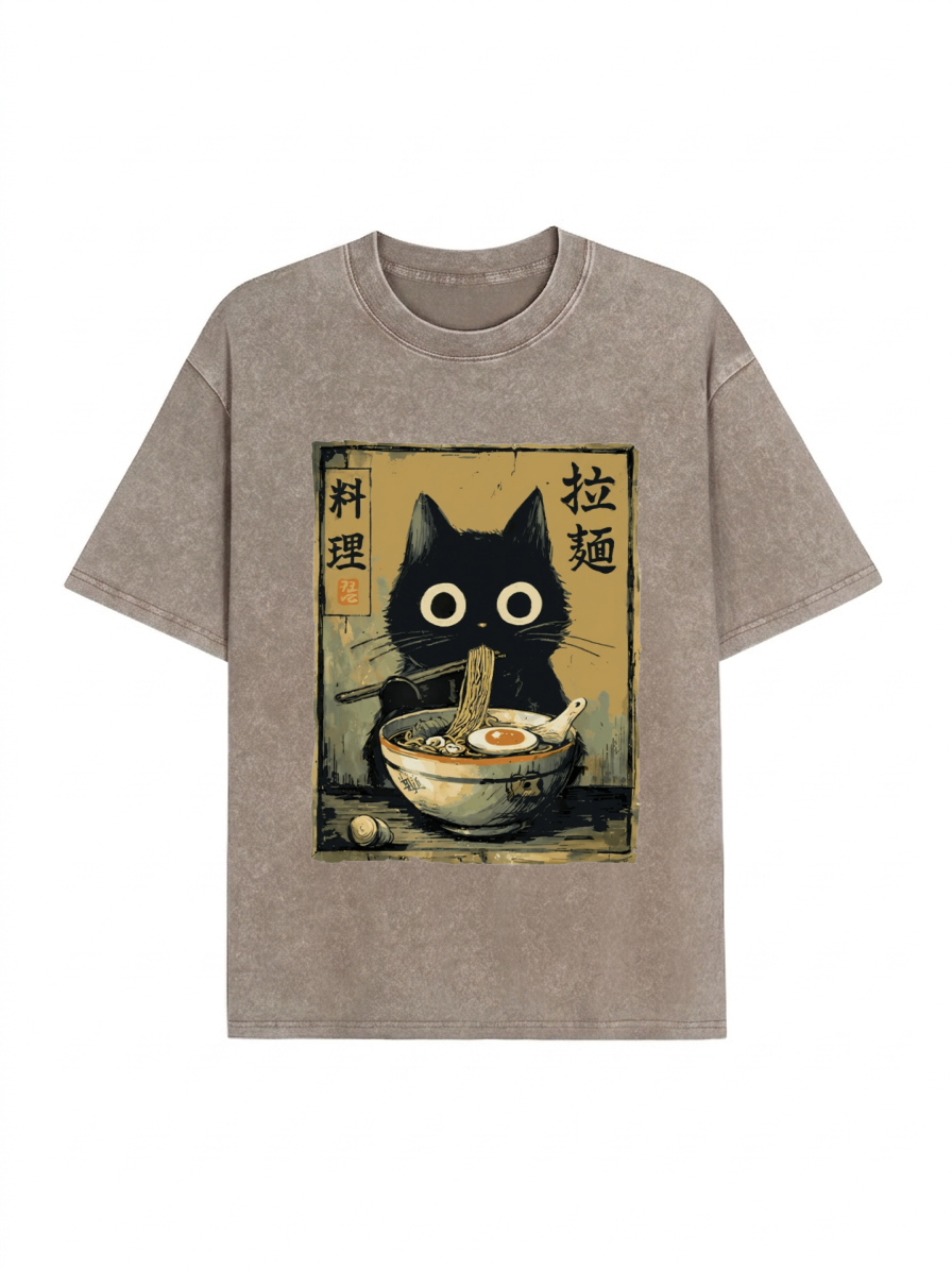 Cute Black Cat Eating Ramen Japan Washed T-Shirt PT443
