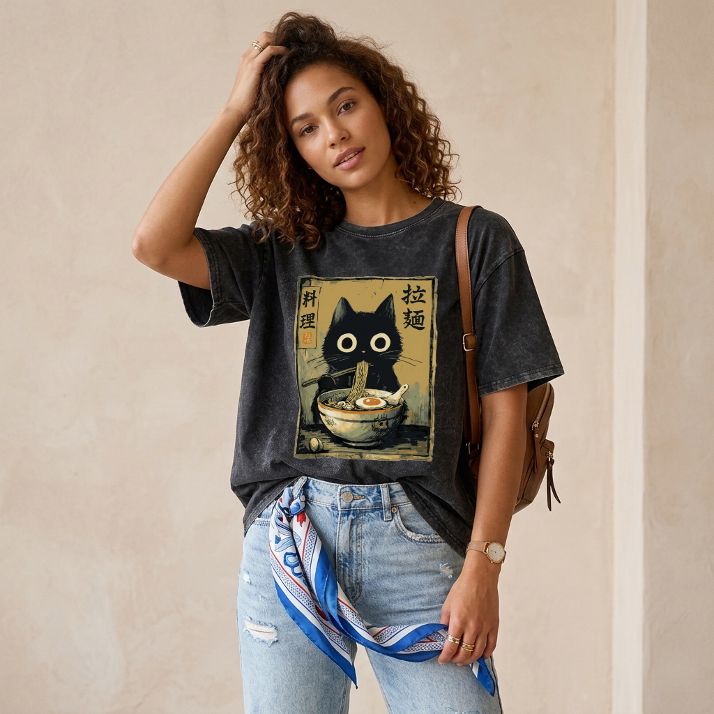 Cute Black Cat Eating Ramen Japan Washed T-Shirt PT443