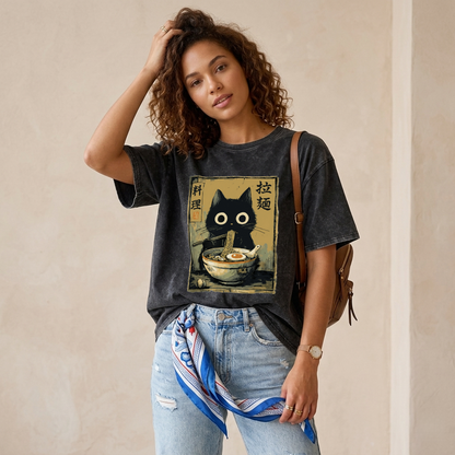 Cute Black Cat Eating Ramen Japan Washed T-Shirt PT443