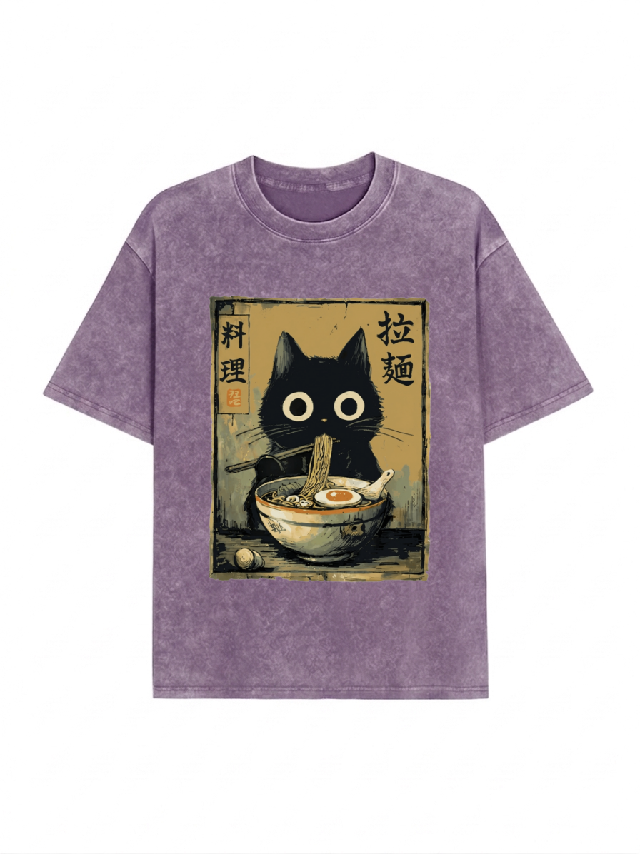 Cute Black Cat Eating Ramen Japan Washed T-Shirt PT443