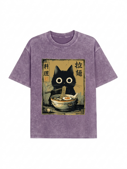Cute Black Cat Eating Ramen Japan Washed T-Shirt PT443