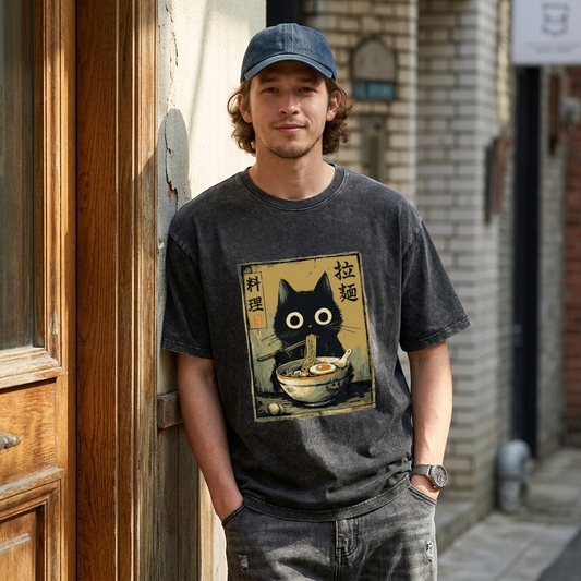 Cute Black Cat Eating Ramen Japan Washed T-Shirt PT443