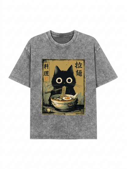 Cute Black Cat Eating Ramen Japan Washed T-Shirt PT443
