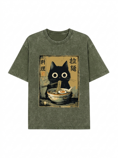 Cute Black Cat Eating Ramen Japan Washed T-Shirt PT443