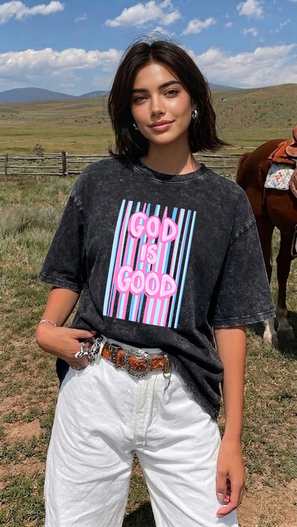 God Is Good Print Washed T-Shirt PT476