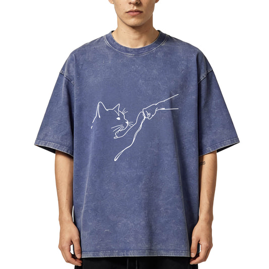 Fist Bump With Cat Pattern Washed T-Shirt PT010
