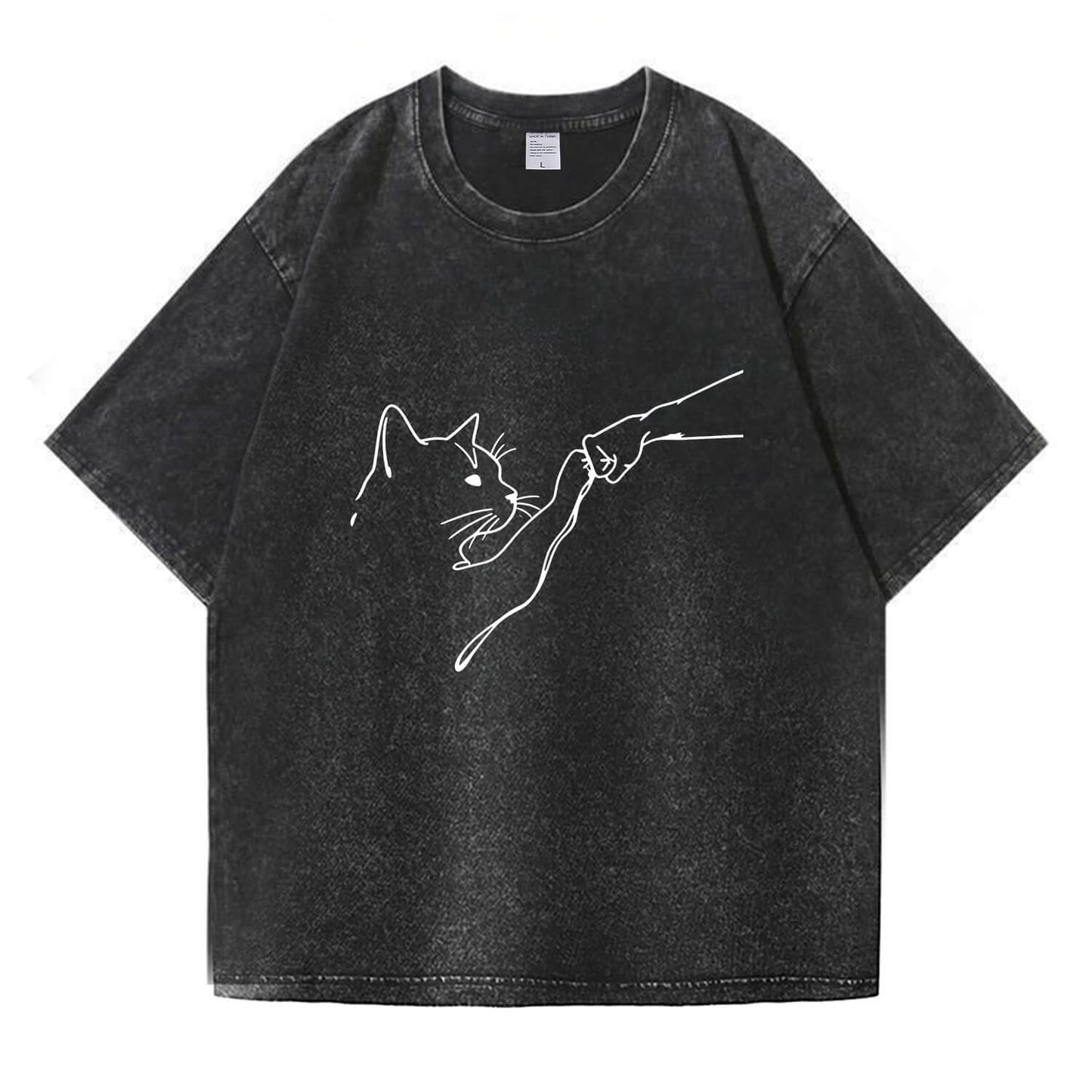Fist Bump With Cat Pattern Washed T-Shirt PT010