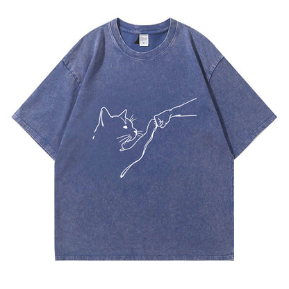 Fist Bump With Cat Pattern Washed T-Shirt PT010
