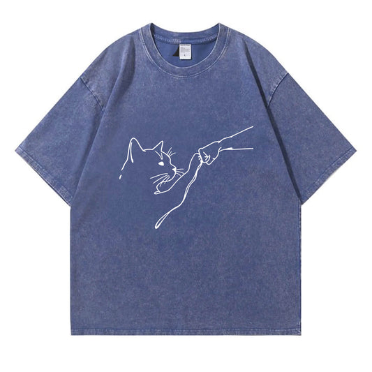 Fist Bump With Cat Pattern Washed T-Shirt PT010