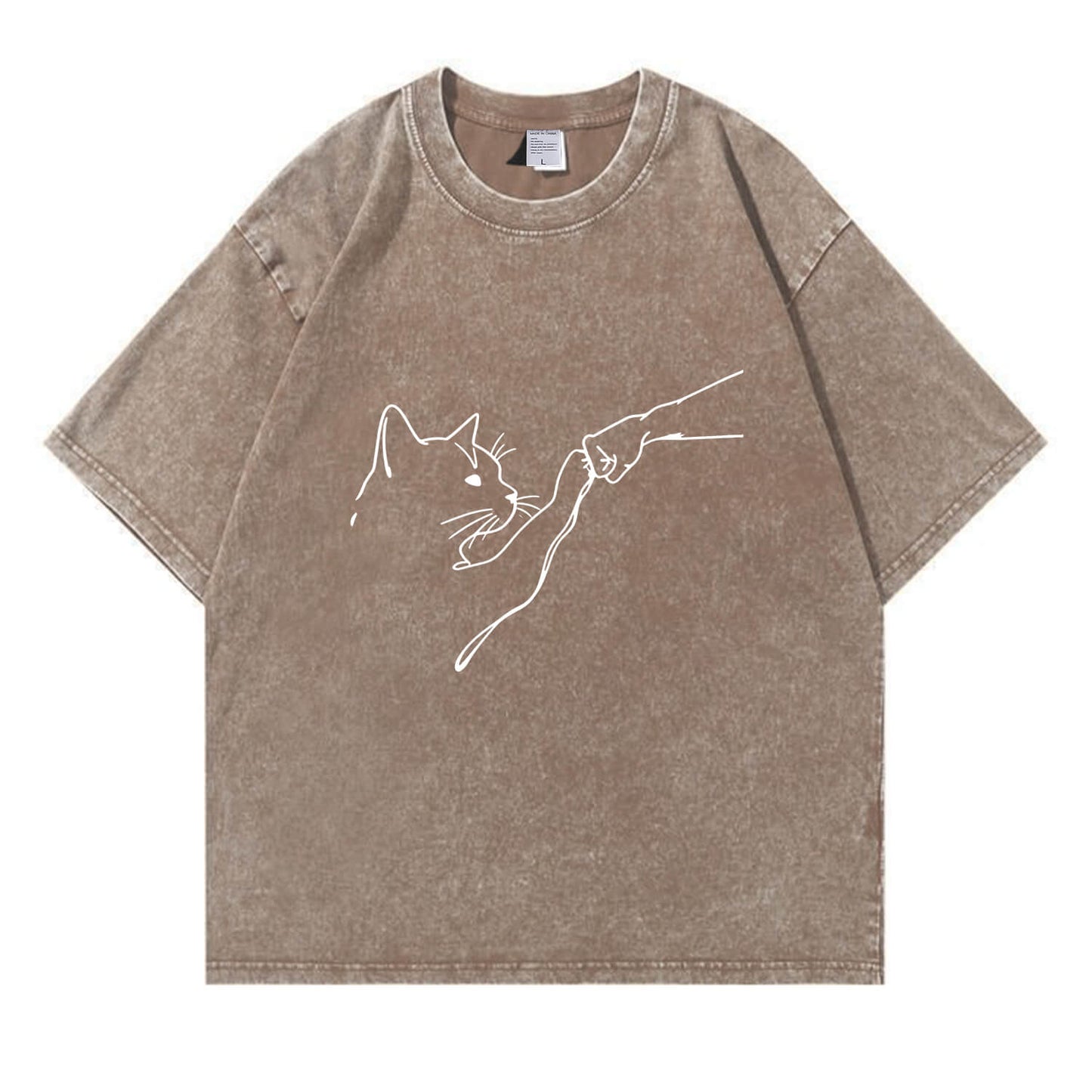 Fist Bump With Cat Pattern Washed T-Shirt PT010