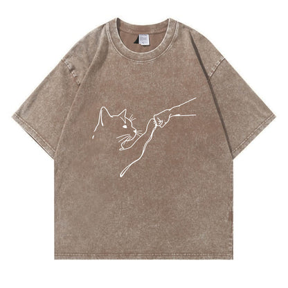 Fist Bump With Cat Pattern Washed T-Shirt PT010