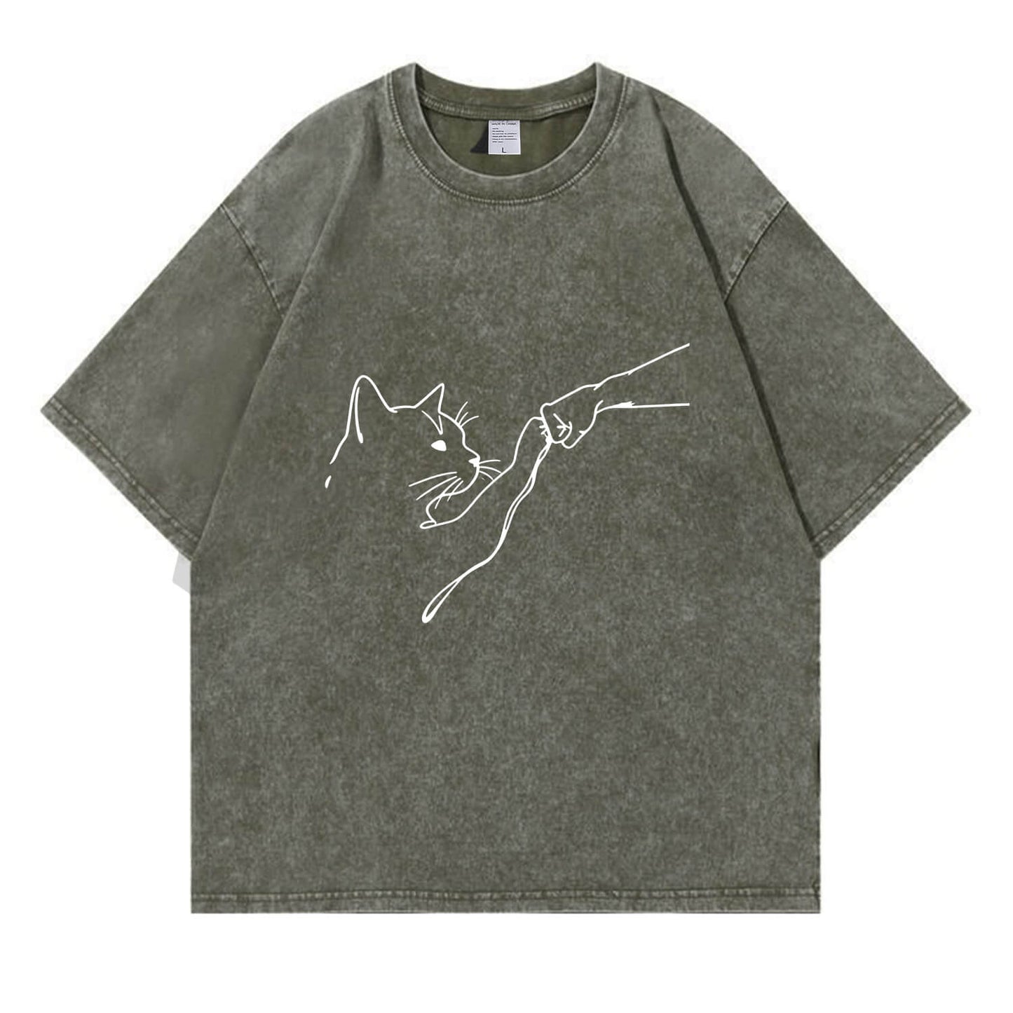 Fist Bump With Cat Pattern Washed T-Shirt PT010