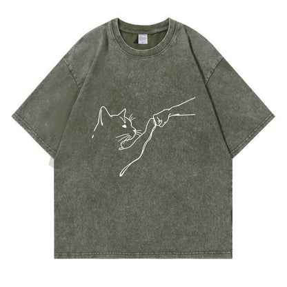 Fist Bump With Cat Pattern Washed T-Shirt PT010