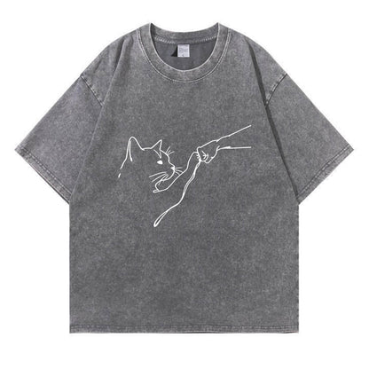 Fist Bump With Cat Pattern Washed T-Shirt PT010